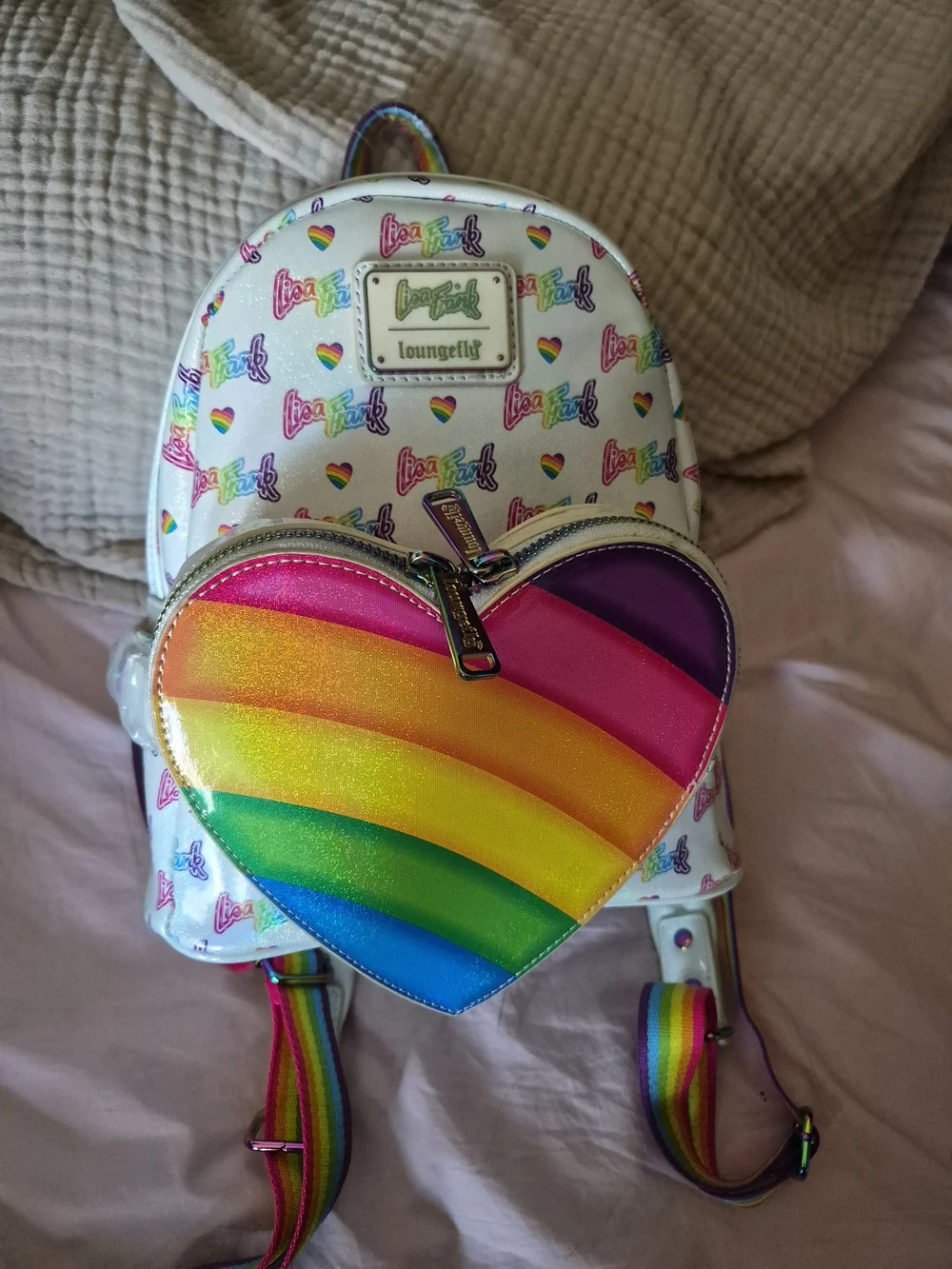 NWT Loungefly White Rainbow Heart Mini Backpack - Lisa Frank